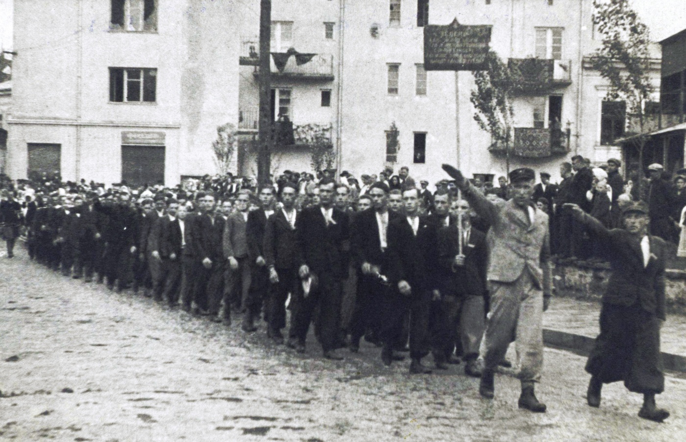 Volunteers for Waffen-SS Division &ldquo;Galicia&rdquo; march in Buczacz in 1943. Most, who wanted an independent Ukraine, would  end up fighting the Soviets on the eastern front.